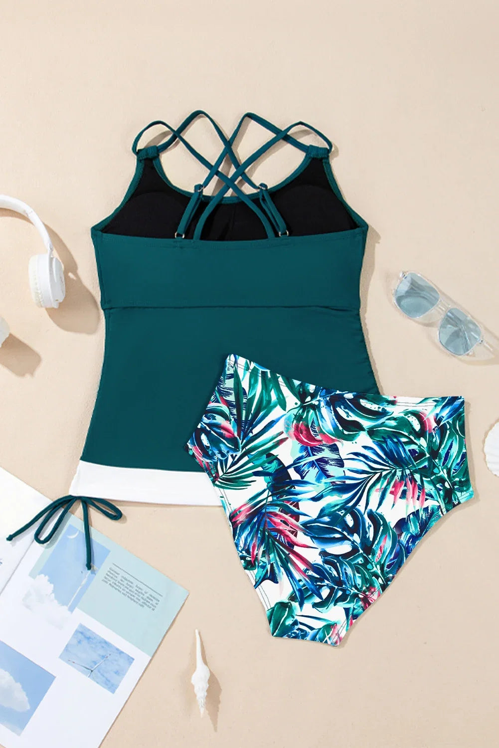 Colorblock Tankini Top & High Waist Bikini Set