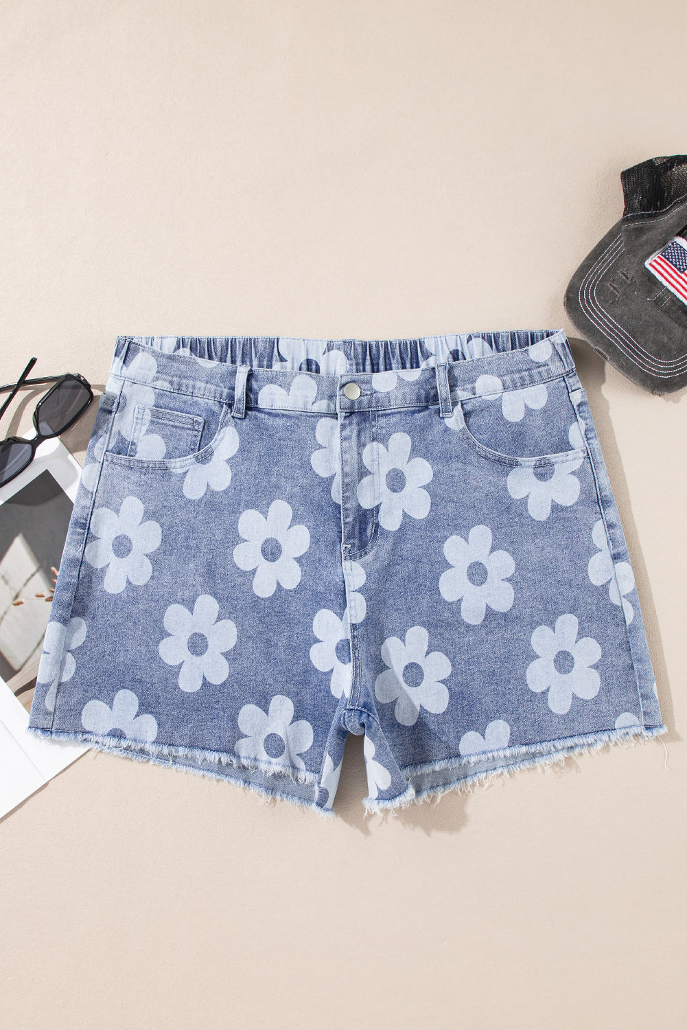 Plus Size Floral High Waist Denim Shorts