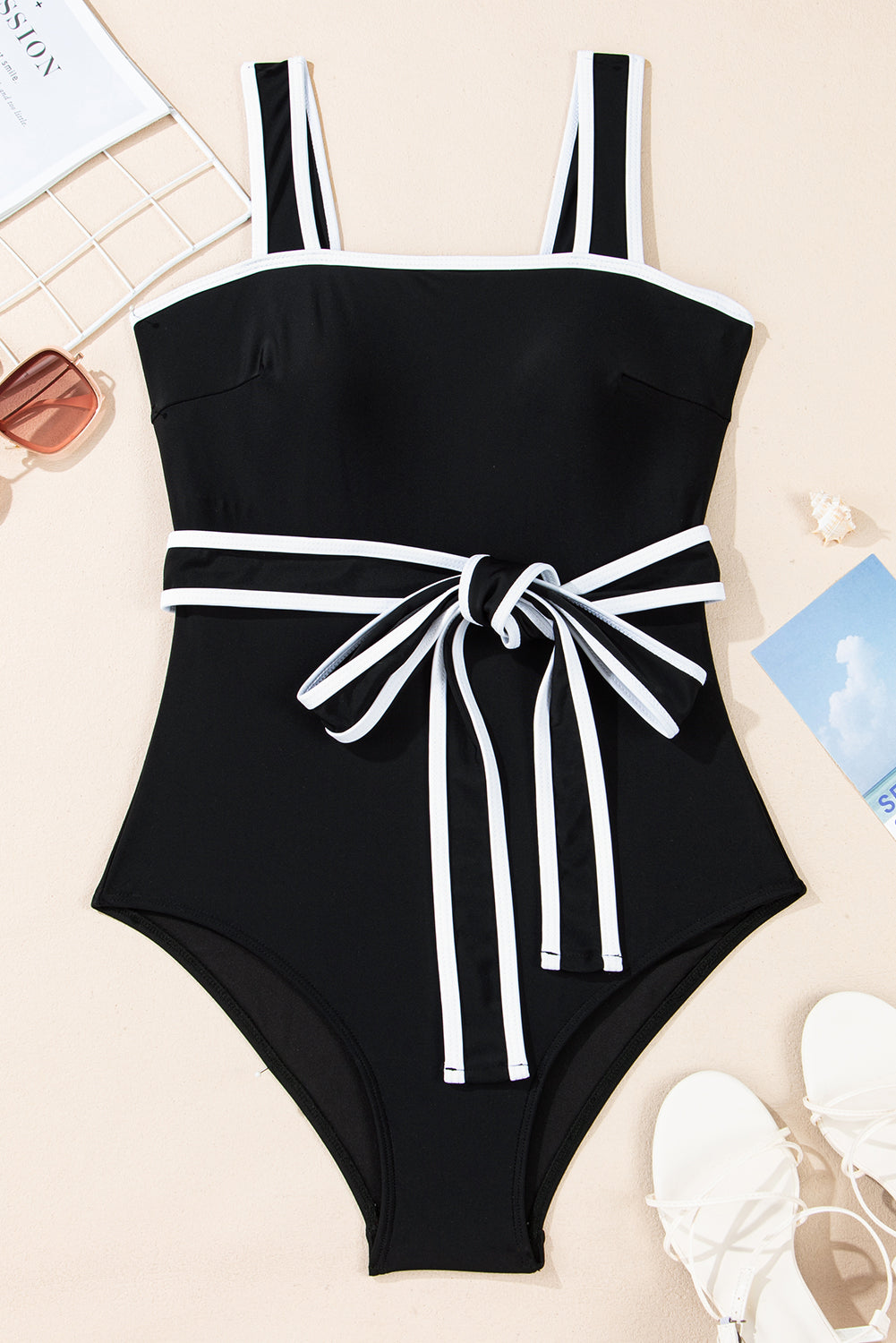 Colorblock Contrast Trim Belted One Piece Swimsuit