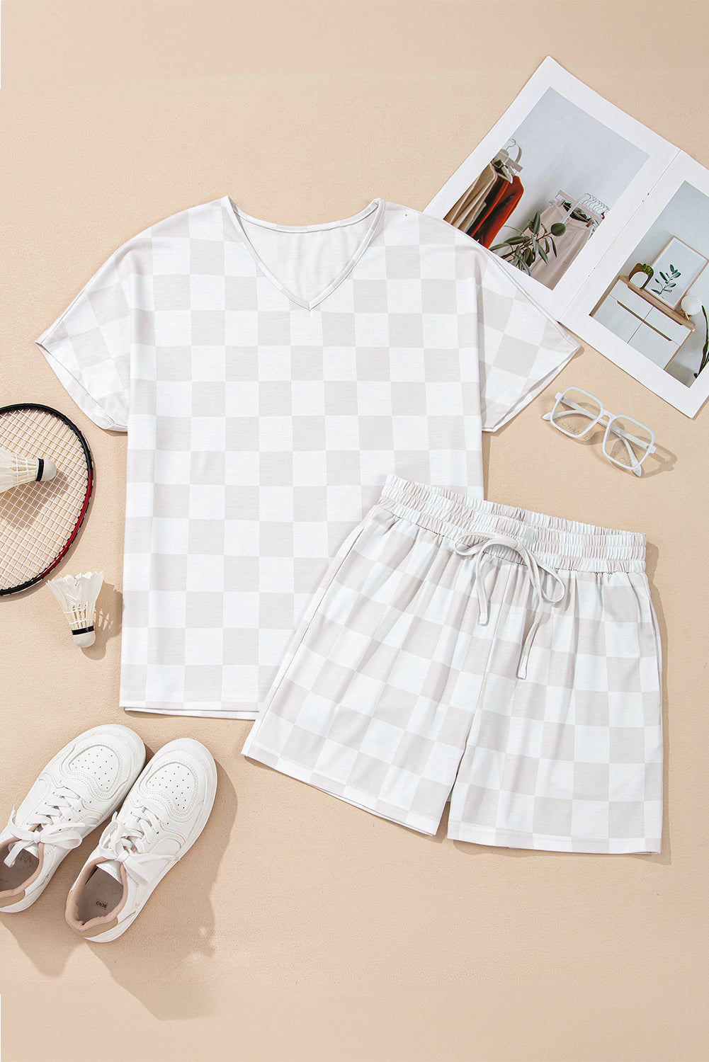 Checker V-Neck Tee & Drawstring Shorts Set
