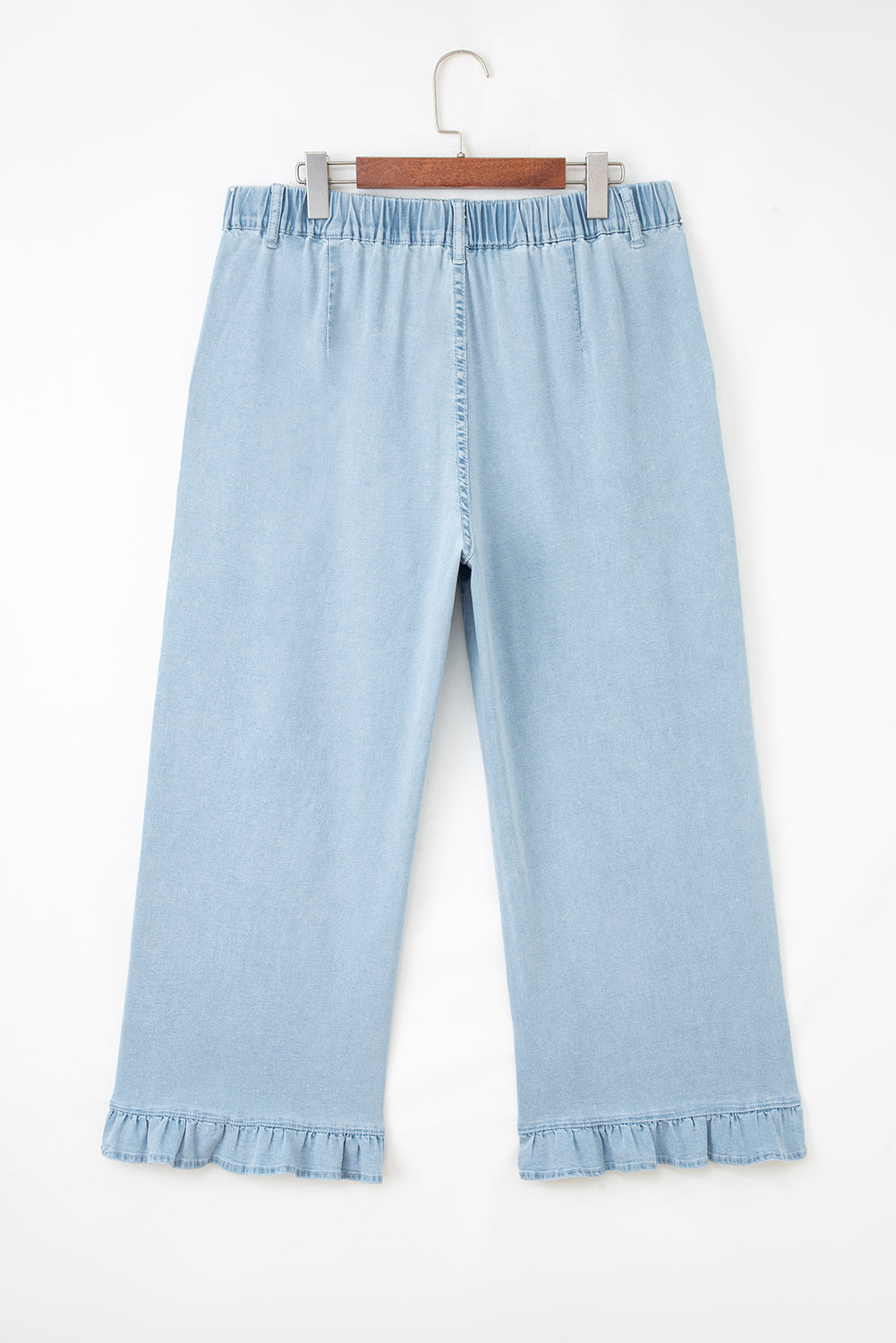 Plus Size Denim Elastic Waist Ruffle Wide Leg Pants