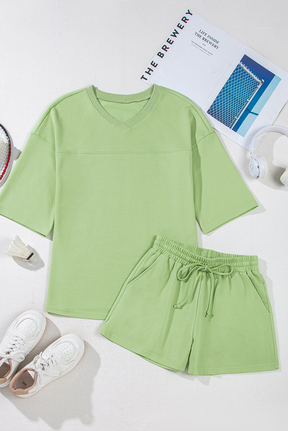 Solid Loose V-Neck Tee & Drawstring Shorts Set