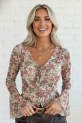 Floral Tie V-Neck Long Bell Sleeve Blouse