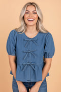 Tied Front Bubble Sleeve Peplum Denim Shirt