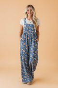 Floral Denim Pleated Wide Leg Jumpsuit