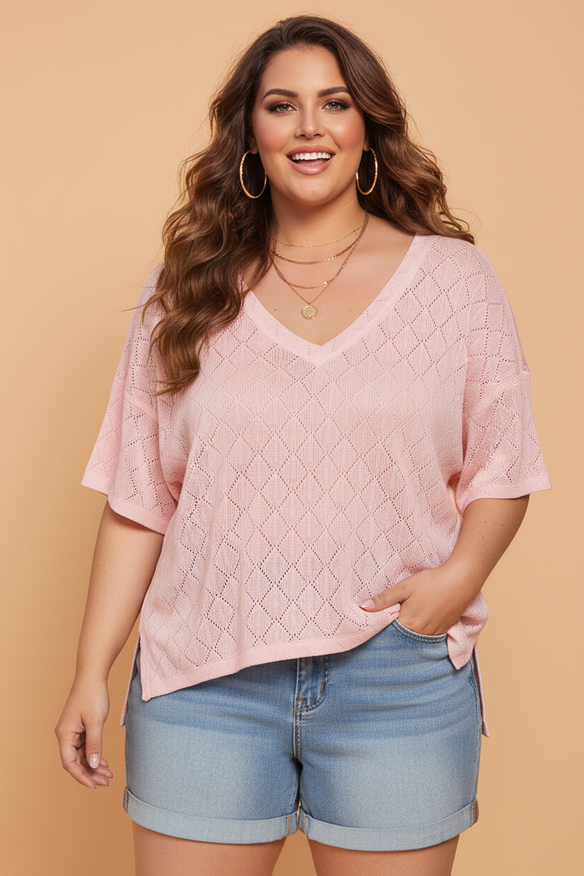 Plus Size Solid Pointelle Knit Rhombus V-Neck Top