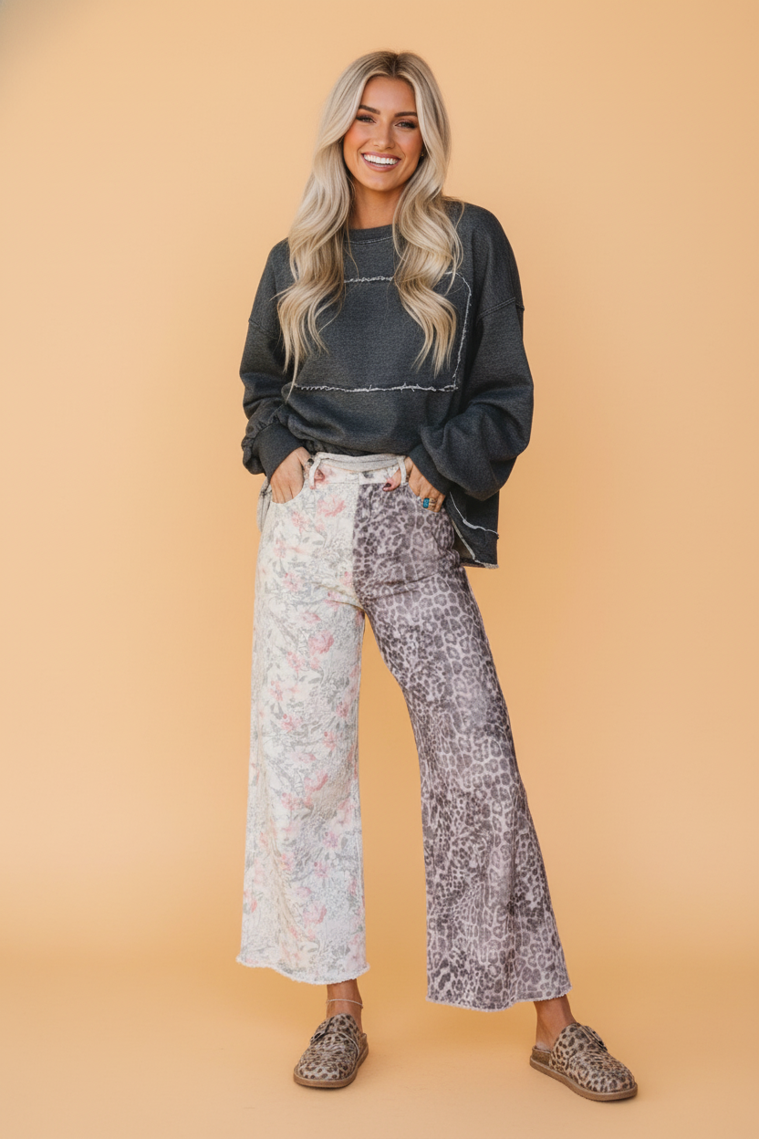 Leopard Floral Denim Patchwork Raw Hem Jeans
