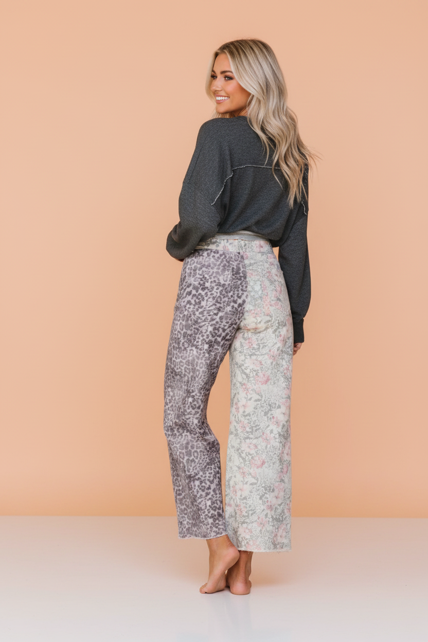 Leopard Floral Denim Patchwork Raw Hem Jeans