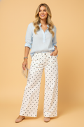 Polka Dot Denim Scalloped Patch Pocket Pants