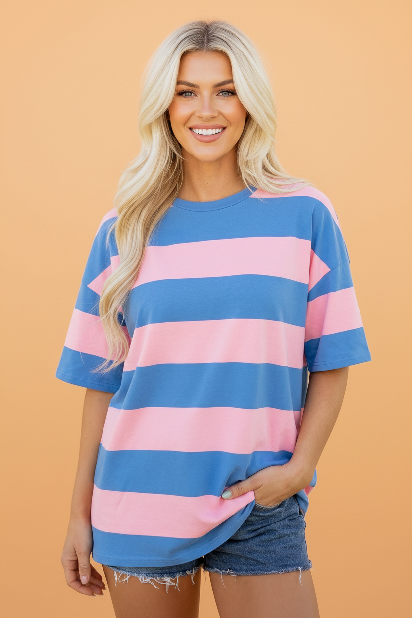 Stripe Colorblock Short Sleeve Oversize Tunic Tee