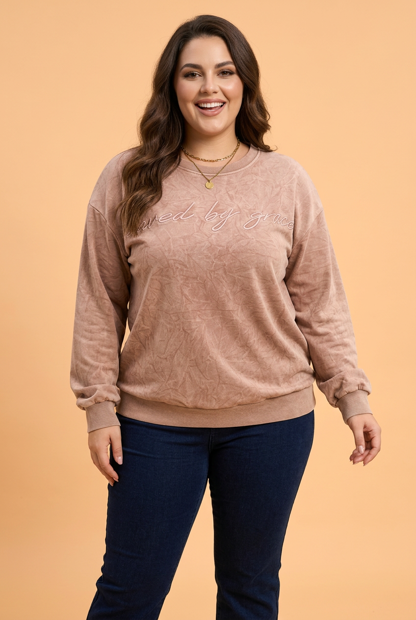 Plus Size Saved by Grace Embroidered Mineral Wash Sweatshirt