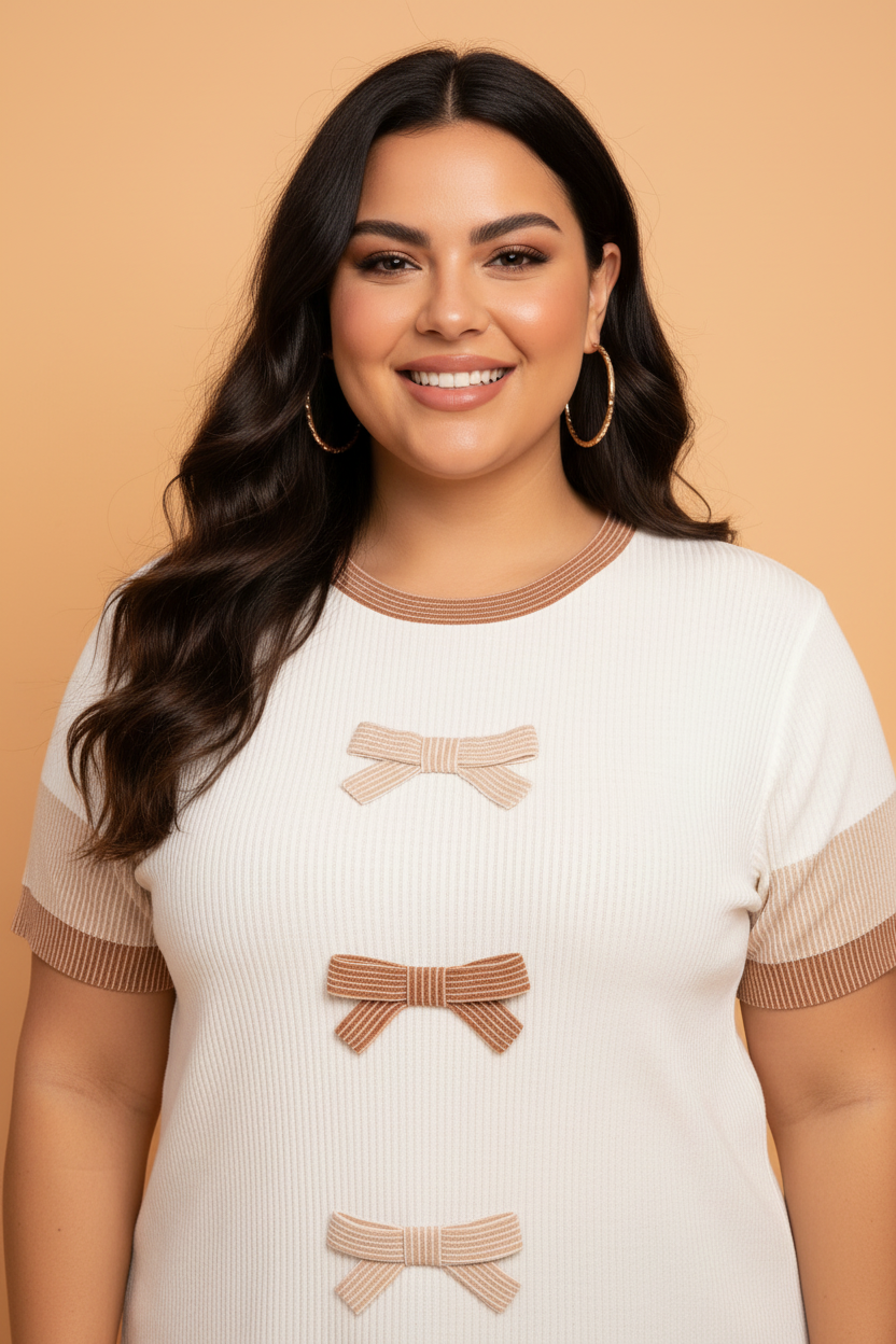 Plus Size Colorblock Bow Tie Corded Knit Top