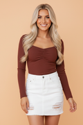 Gathered Bust Square Neck Ribbed Long Sleeve Top