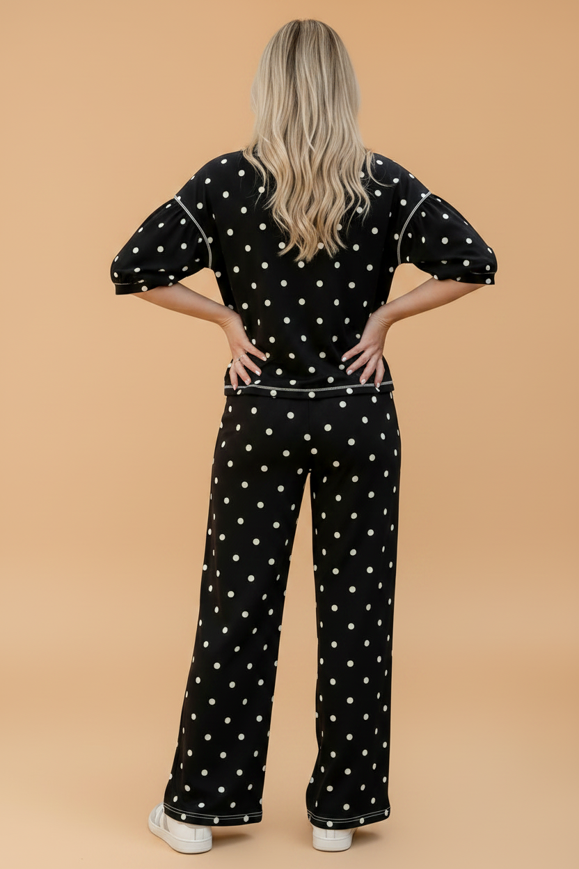 Polka Dot 3/4 Sleeve Top & Elastic Waist Pants Set