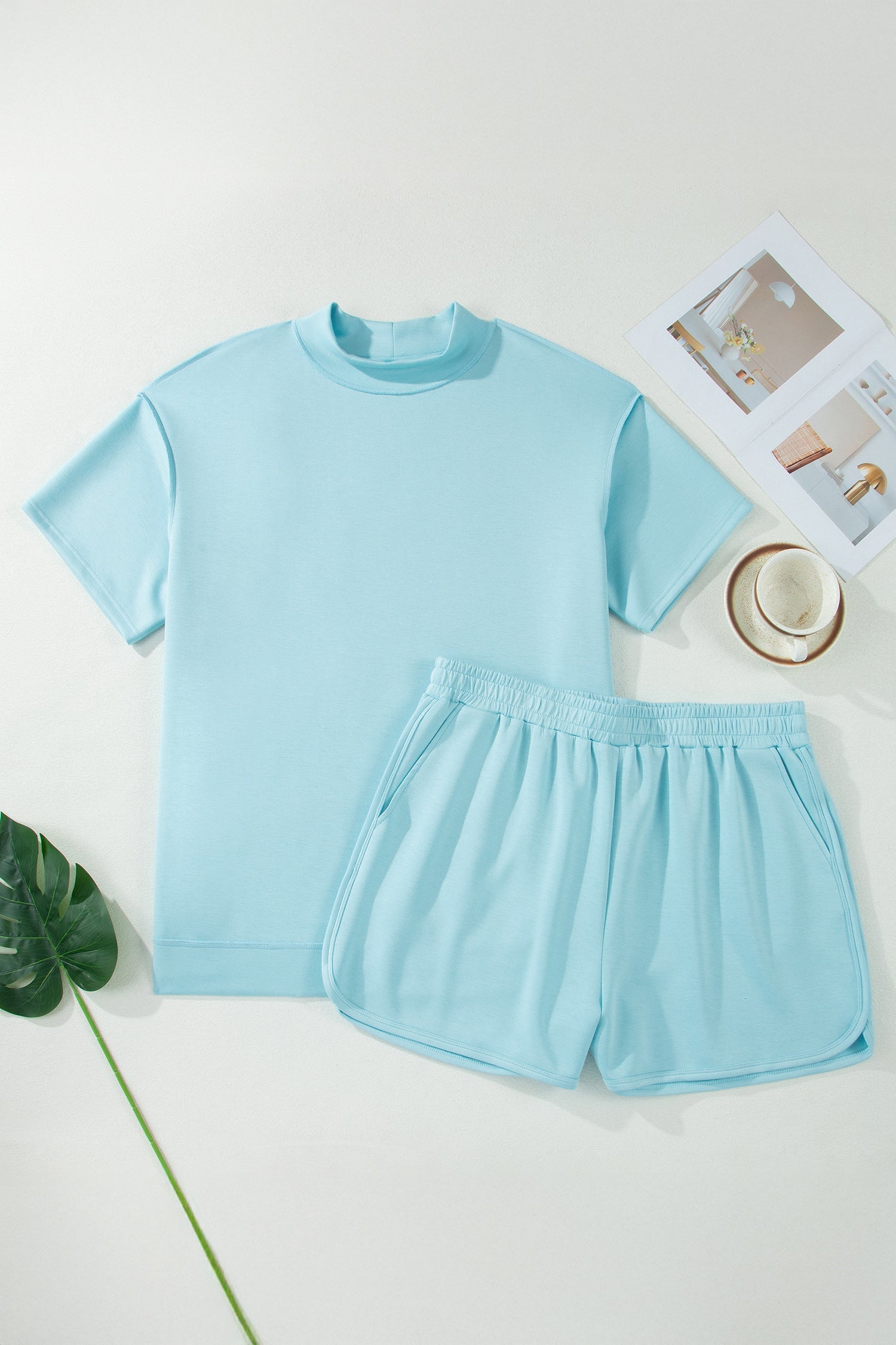 Plus Size Mock Neck Exposed Seam Tunic Top & Shorts Set