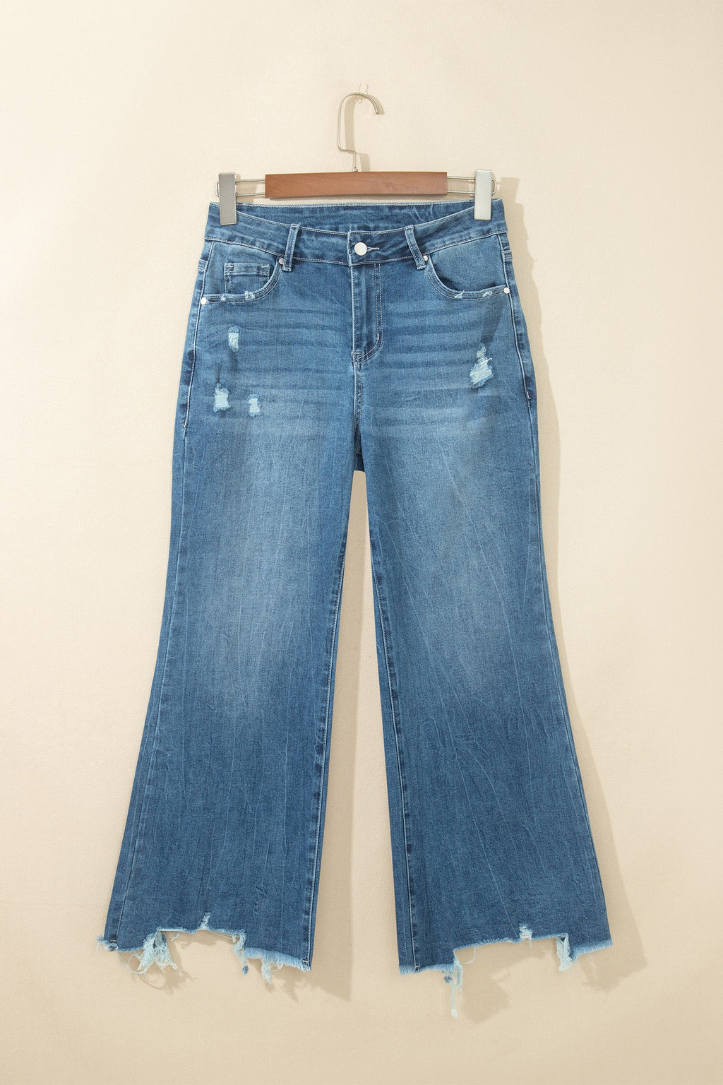 Denim High Waist Frayed Hem Flare Jeans