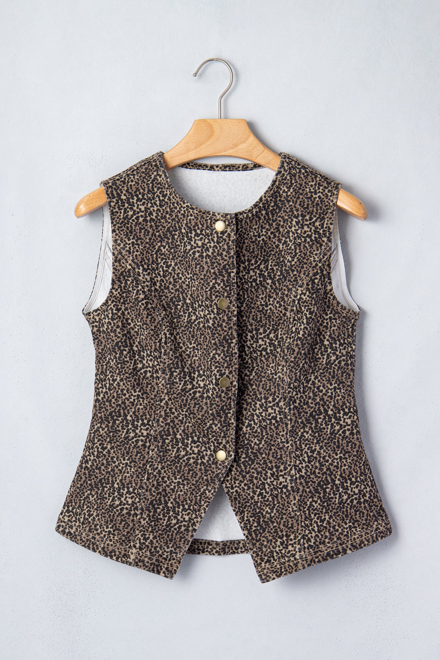 Leopard Denim Button Front Vest