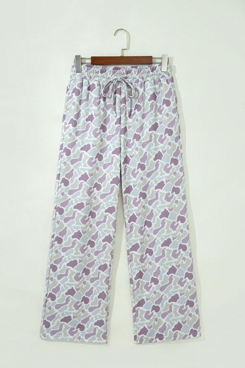 Camo Drawstring High Waist Wide Leg Pants