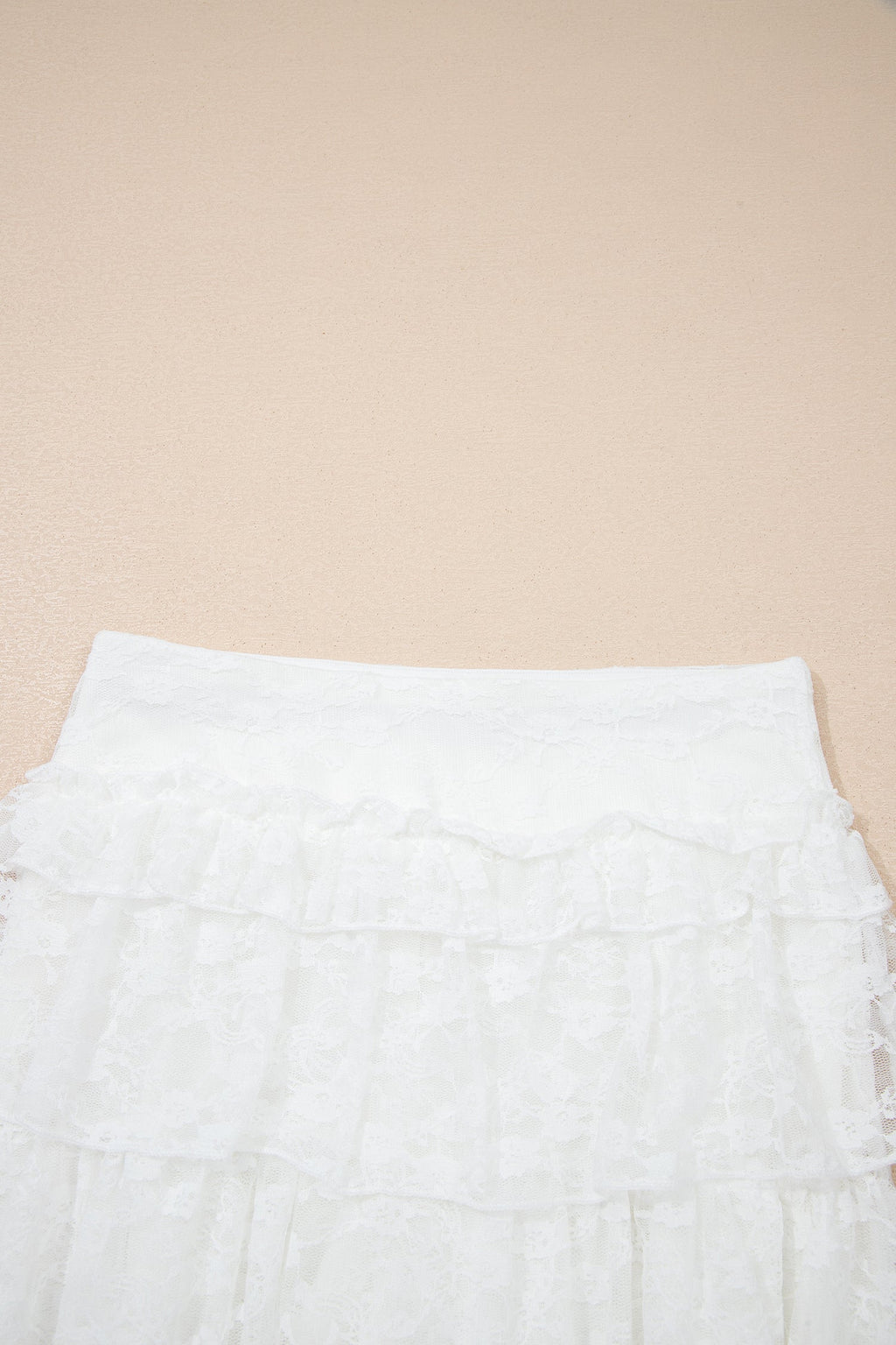 Sheer Lace Ruffle Tiered High-Low Skirt