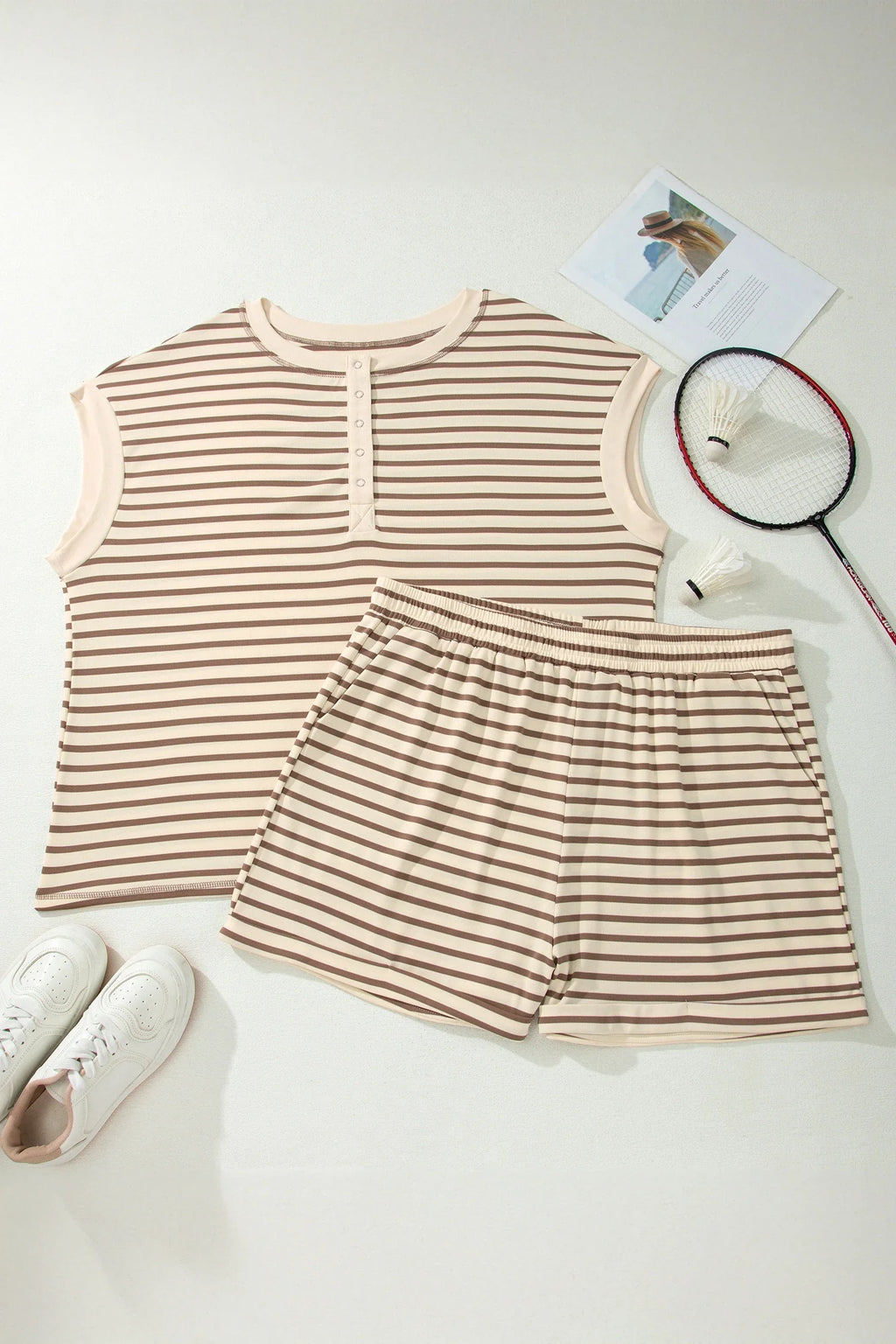 Plus Size Stripe Top & Elastic Waist Shorts Set