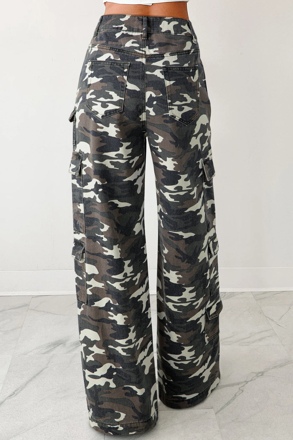 Camo Denim Cargo Wide Leg Pants