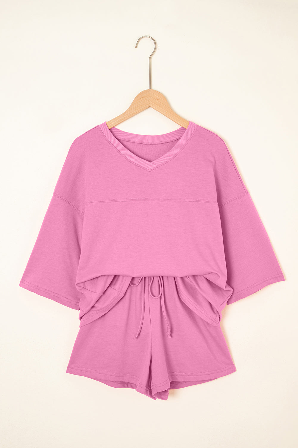 Solid Loose V-Neck Tee & Drawstring Shorts Set