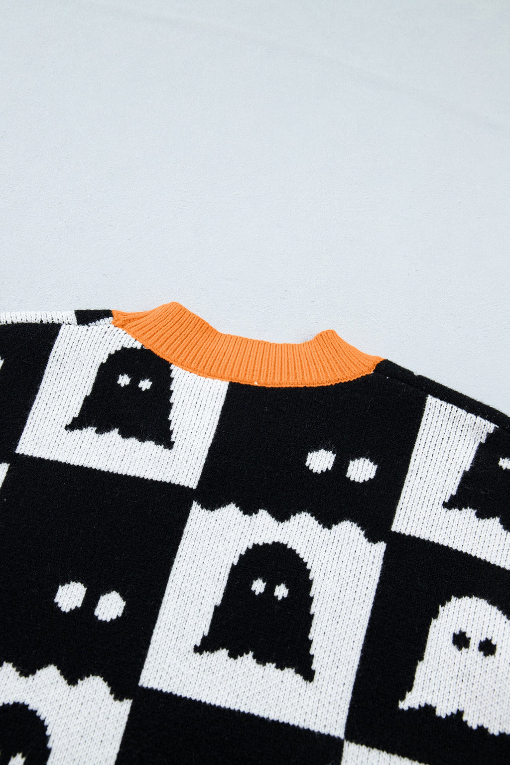 Halloween Ghost Checker High Neck Drop Shoulder Sweater