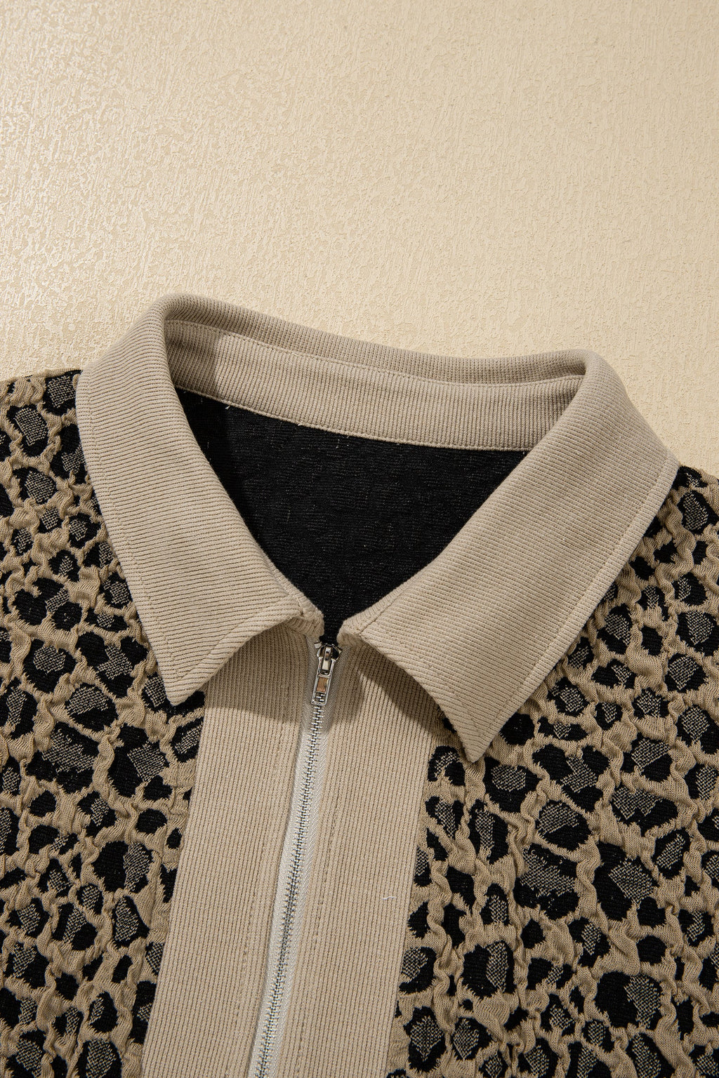 Plus Size Leopard Patchwork Ribbed Zip Up Collar Top