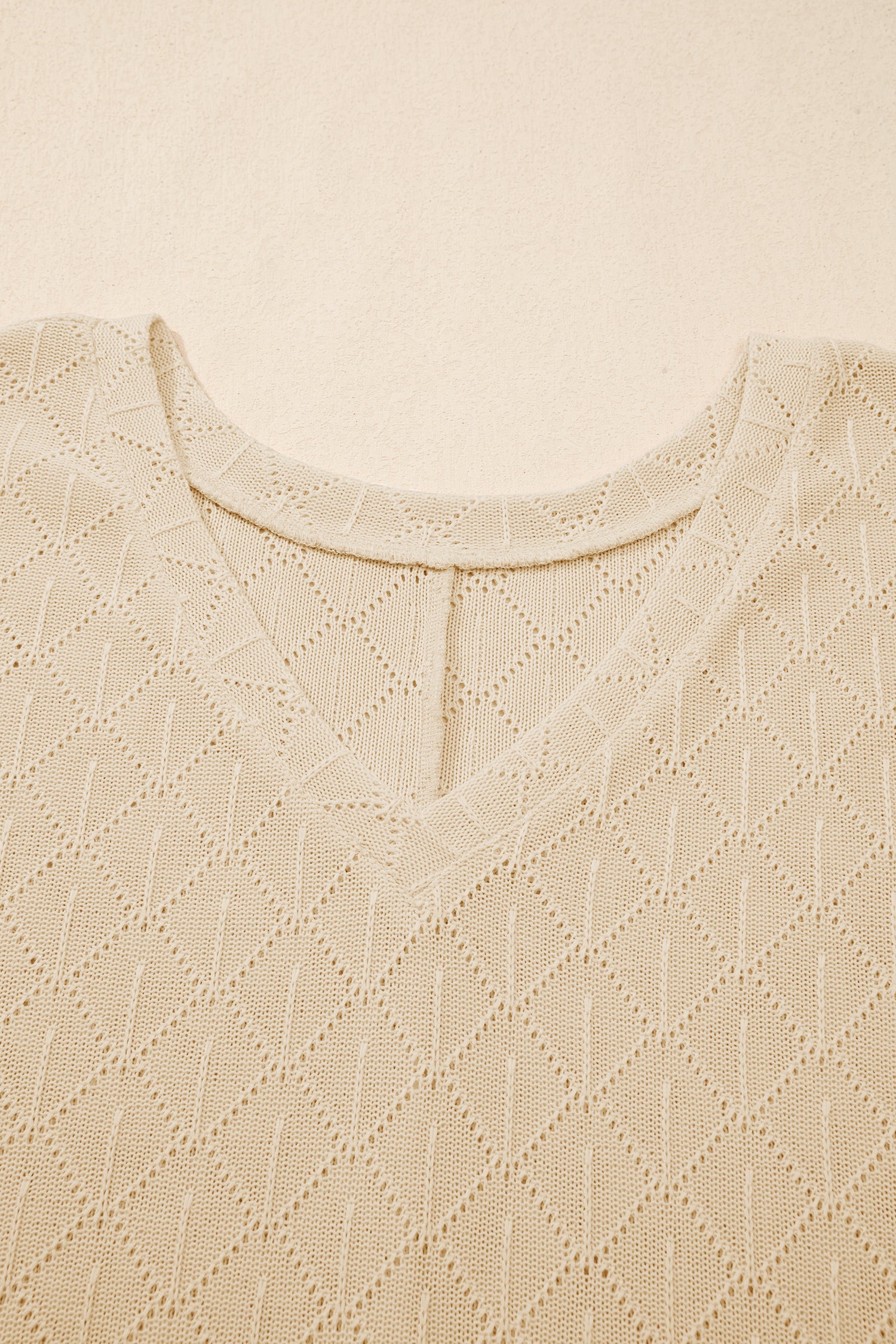 Plus Size Solid Pointelle Knit Rhombus V-Neck Top