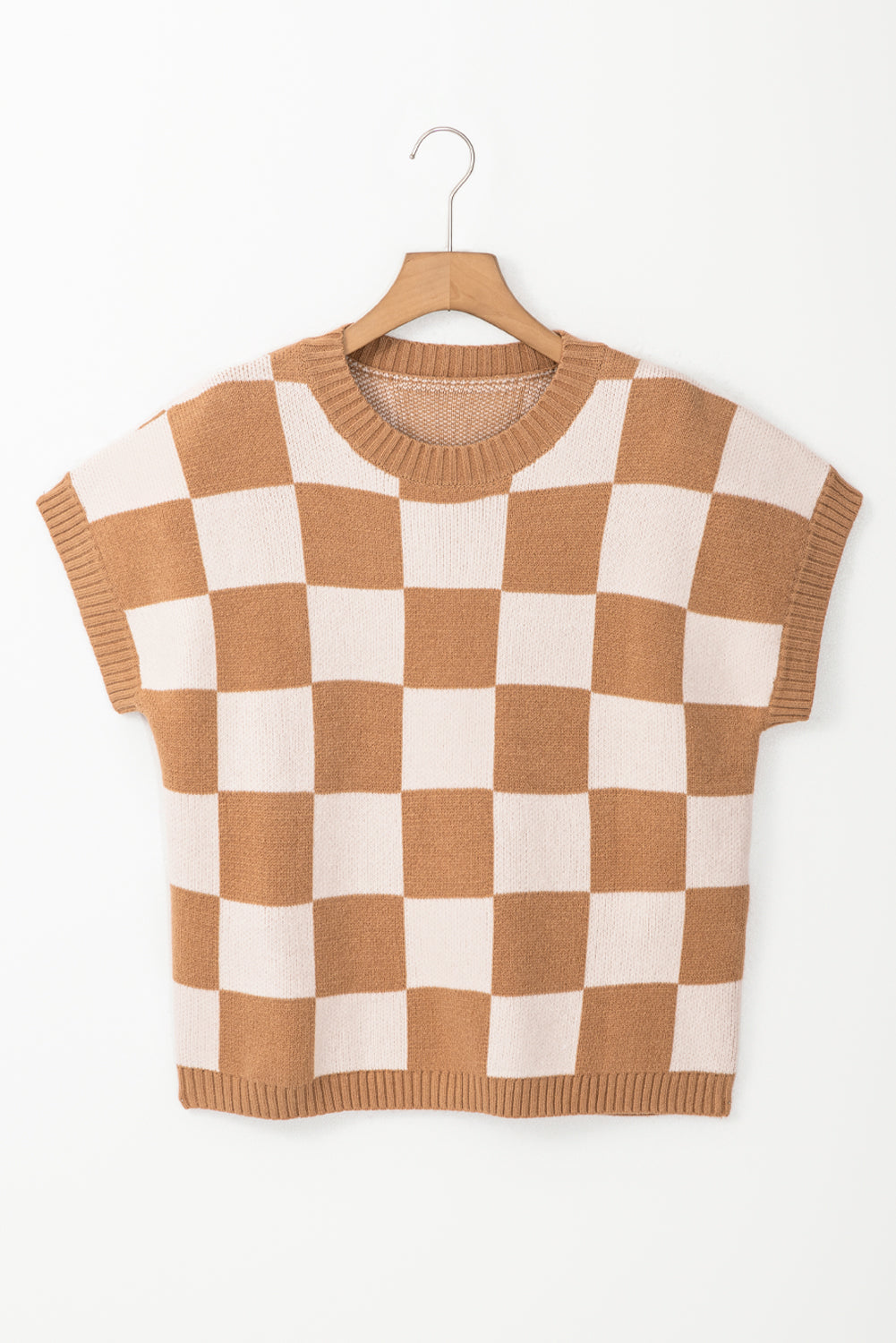 Checker Colorblock Ribbed Trim Sweater Knit Top