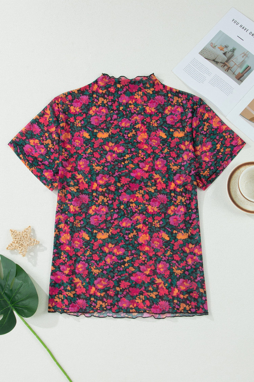 Plus Size Floral Mesh Short Sleeve Top