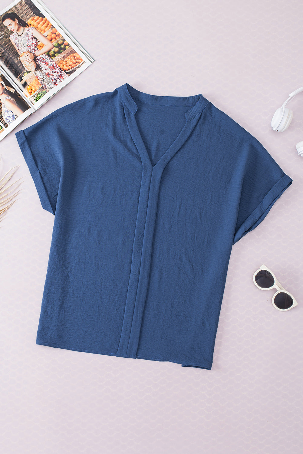 Solid Crinkle Textured Batwing Sleeve V-Neck Blouse