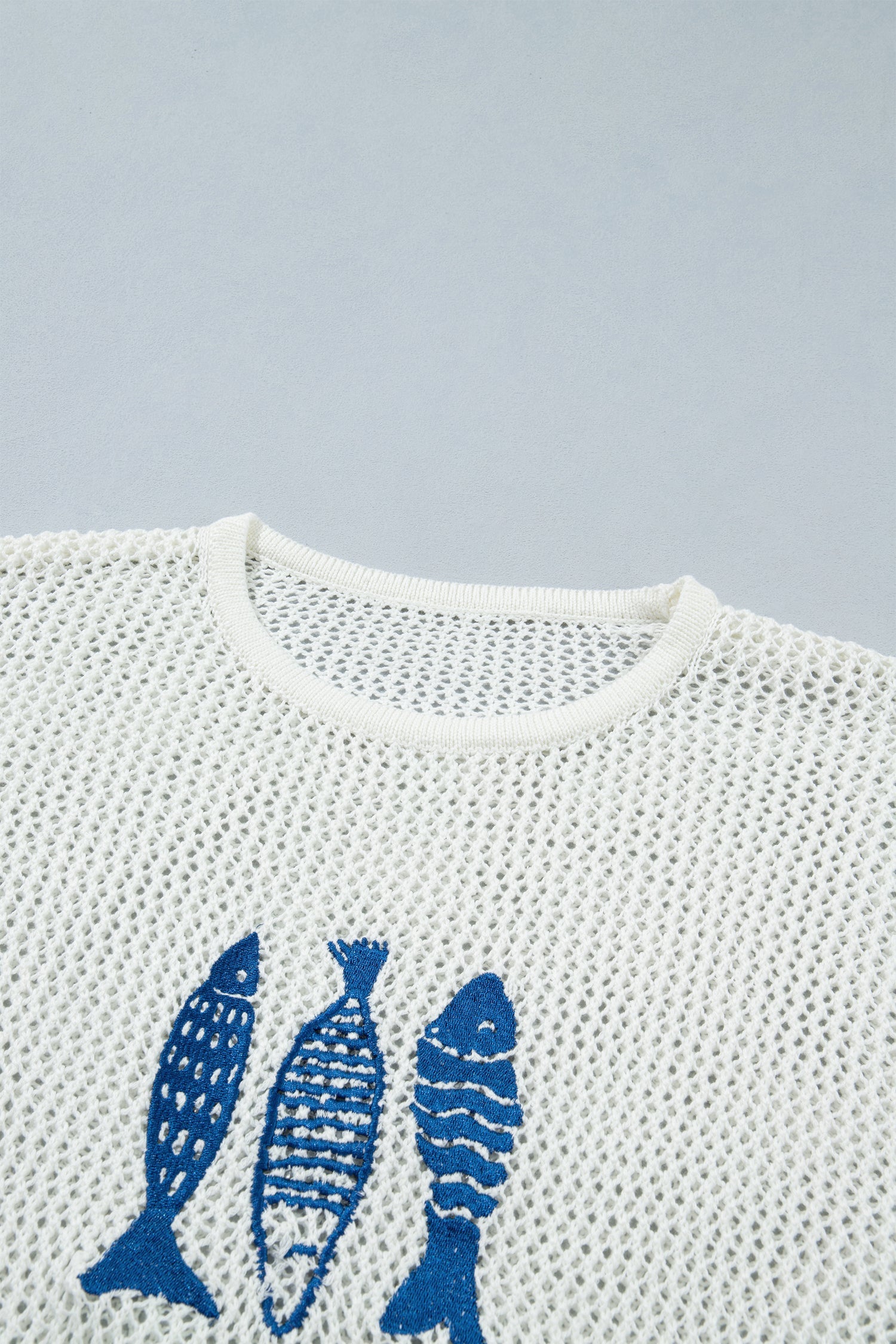 Fish Embroidered Crew Neck Crochet Knit Sweater