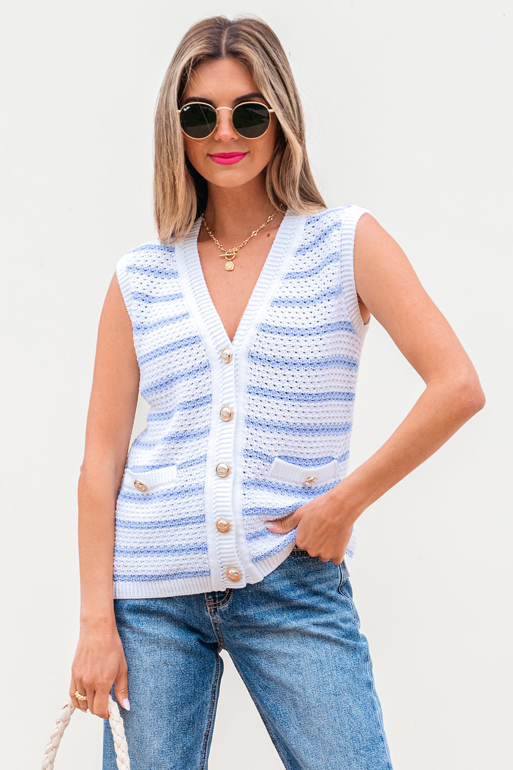 Stripe Buttoned V-Neck Sweater Knit Top