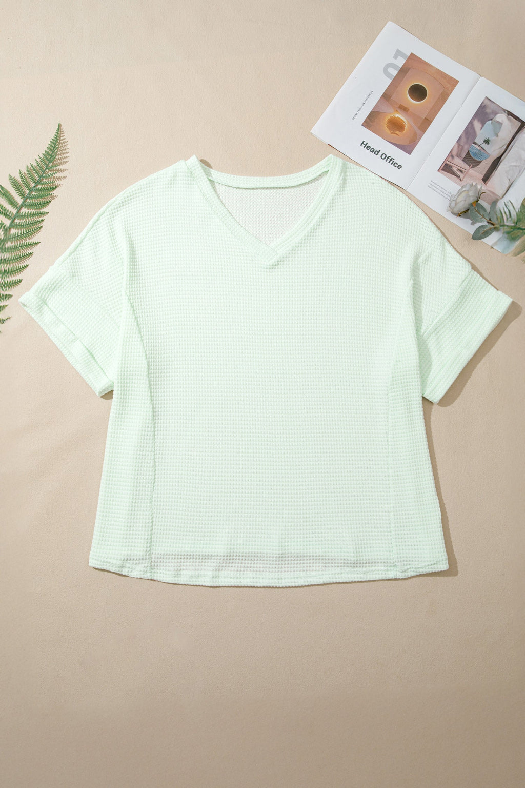 Plus Size Solid Waffle Knit V-Neck Short Sleeve Top