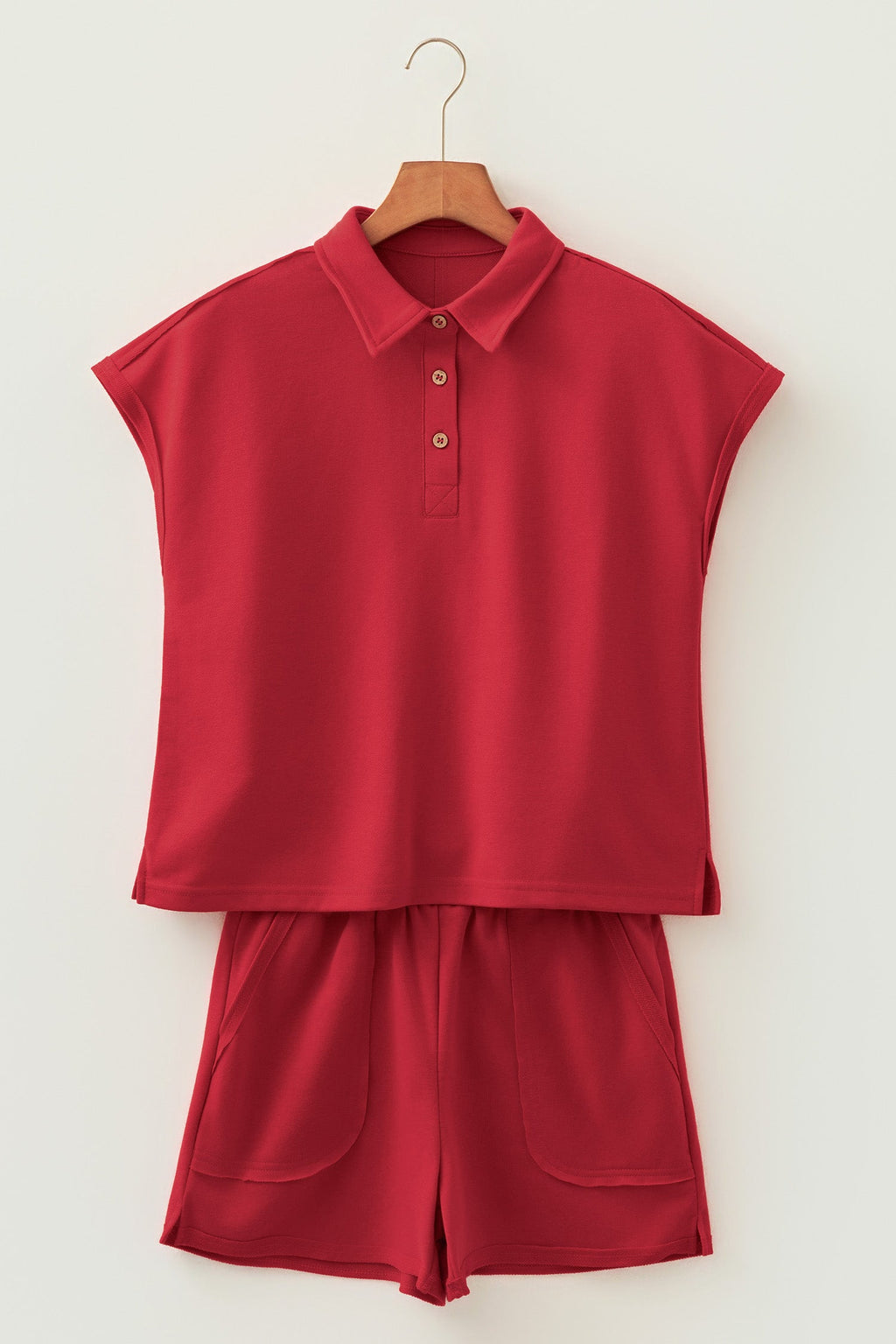 Solid Polo Tee & Elastic Waist Short Set