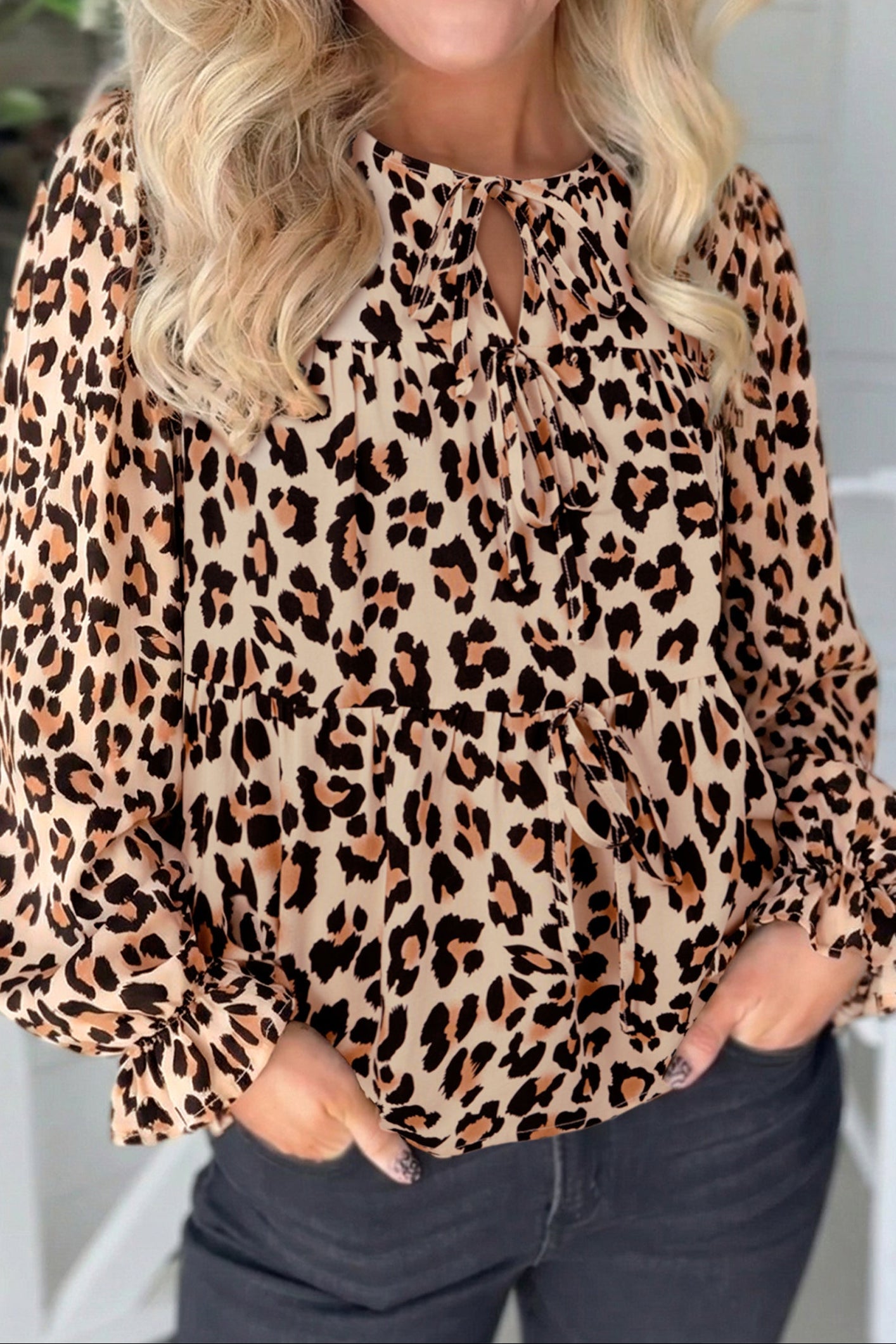 Leopard Tie Front Long Puff Sleeve Blouse