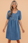 Denim Button Square Neck Puff Sleeve Mini Dress