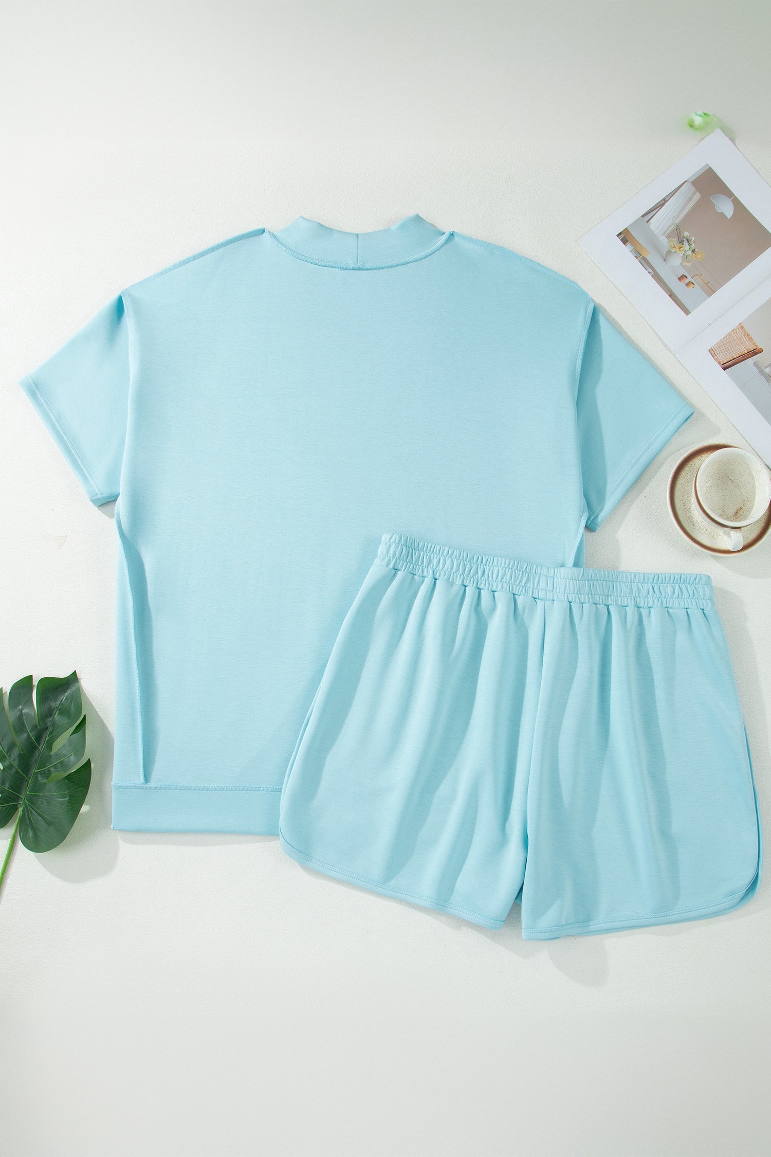 Plus Size Mock Neck Exposed Seam Tunic Top & Shorts Set