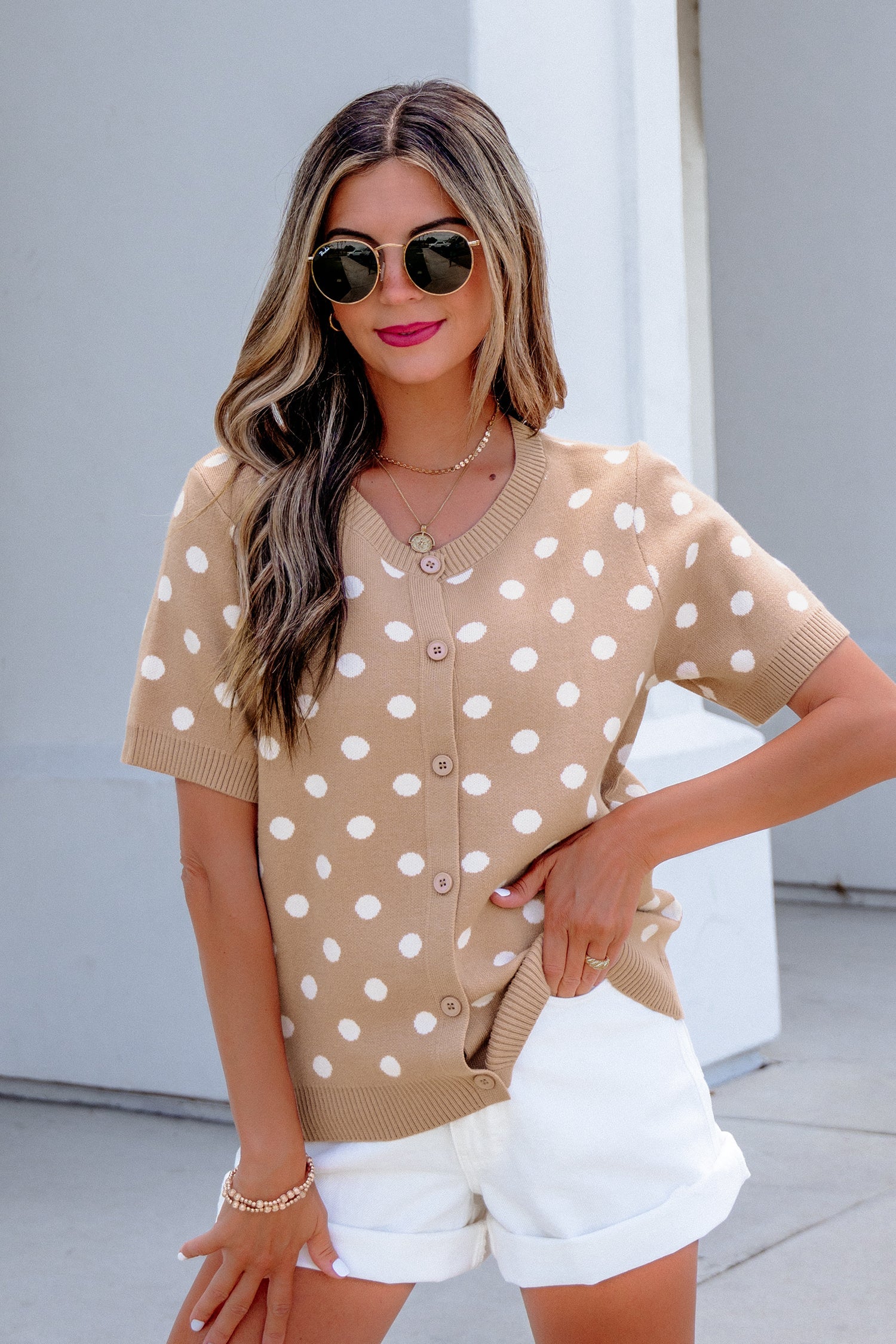 Polka Dot Short Sleeve Buttoned Sweater Cardigan