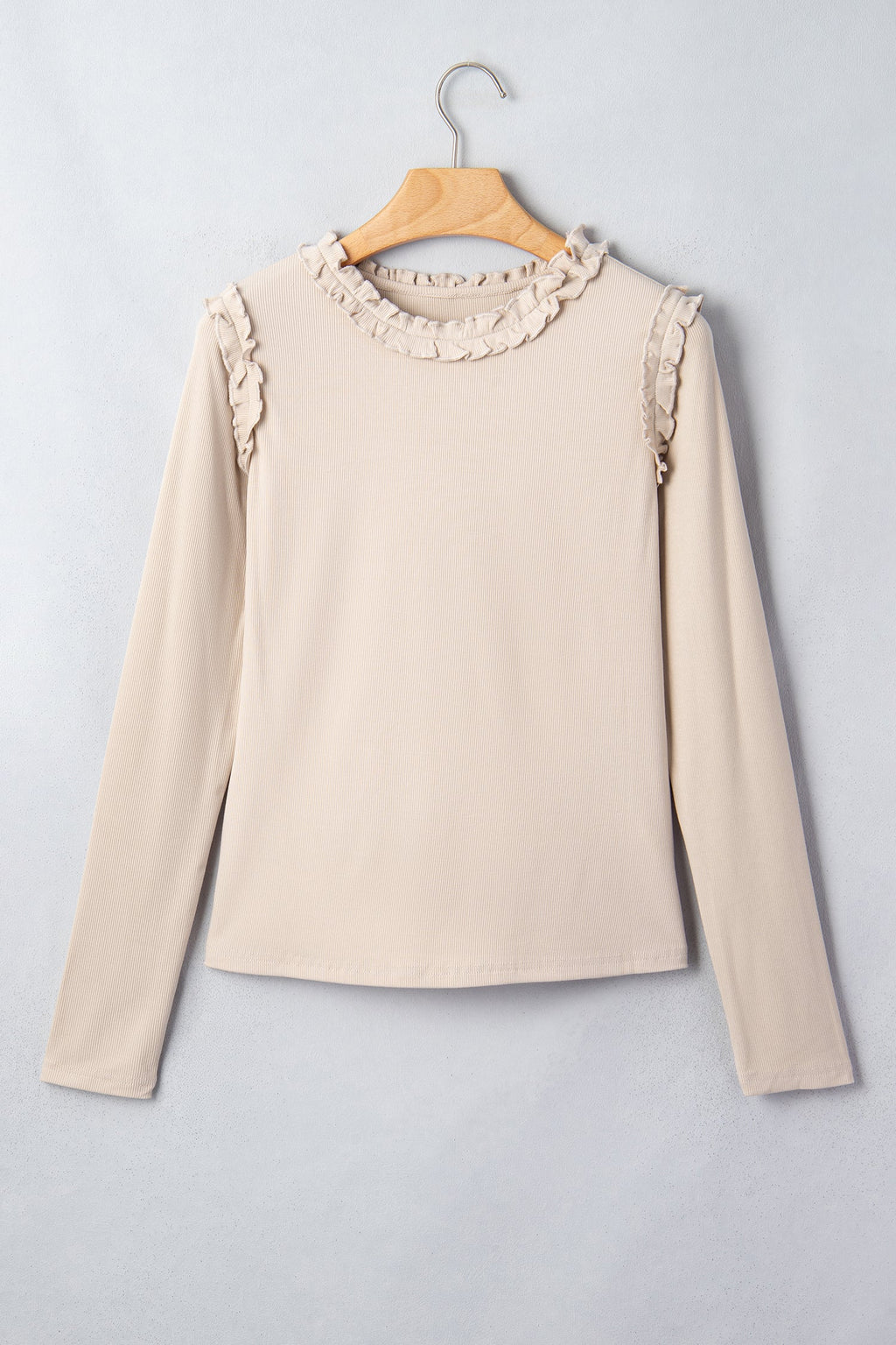 Solid Ribbed Knit Frilled Long Sleeve Top