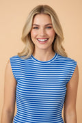 Stripe Ribbed Cap Sleeve Round Neck T-Shirt