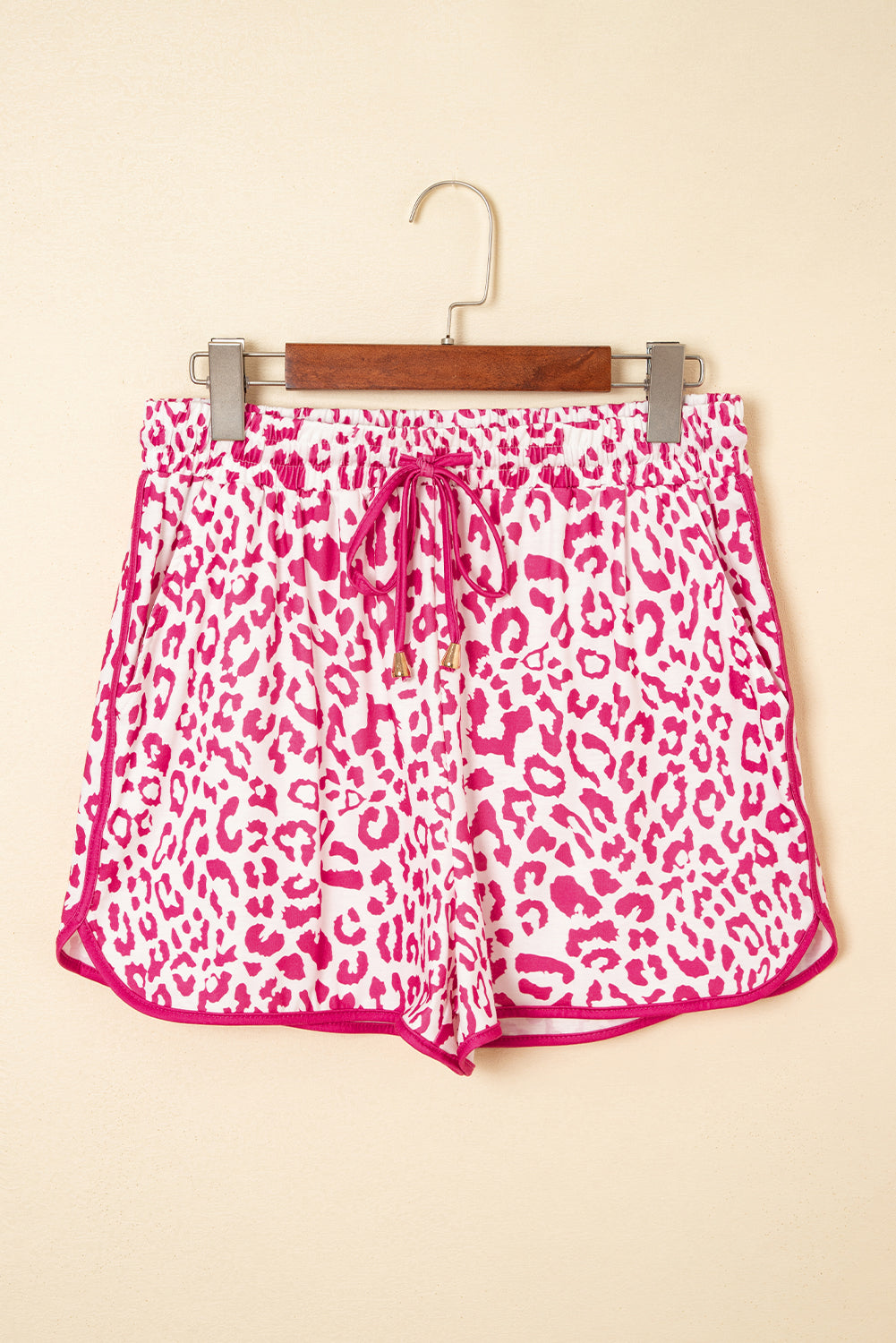 Leopard Contrast Trim Elastic Waist Drawstring Shorts