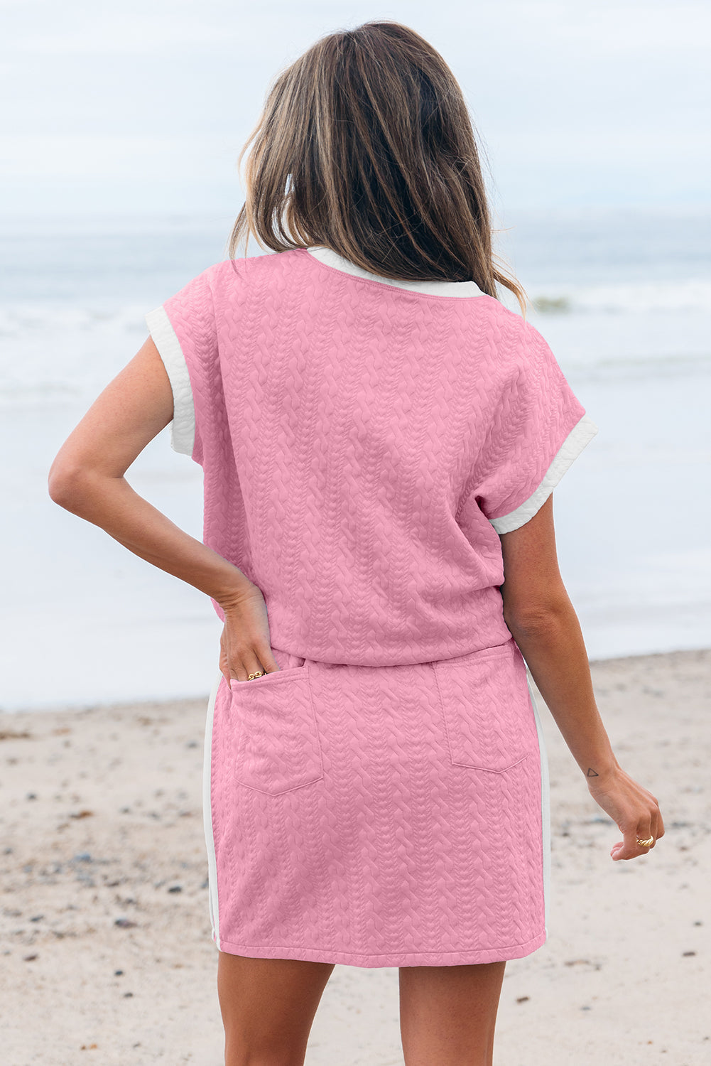 Textured Contrast Trim Crewneck Tee & Pocketed Skirt Set