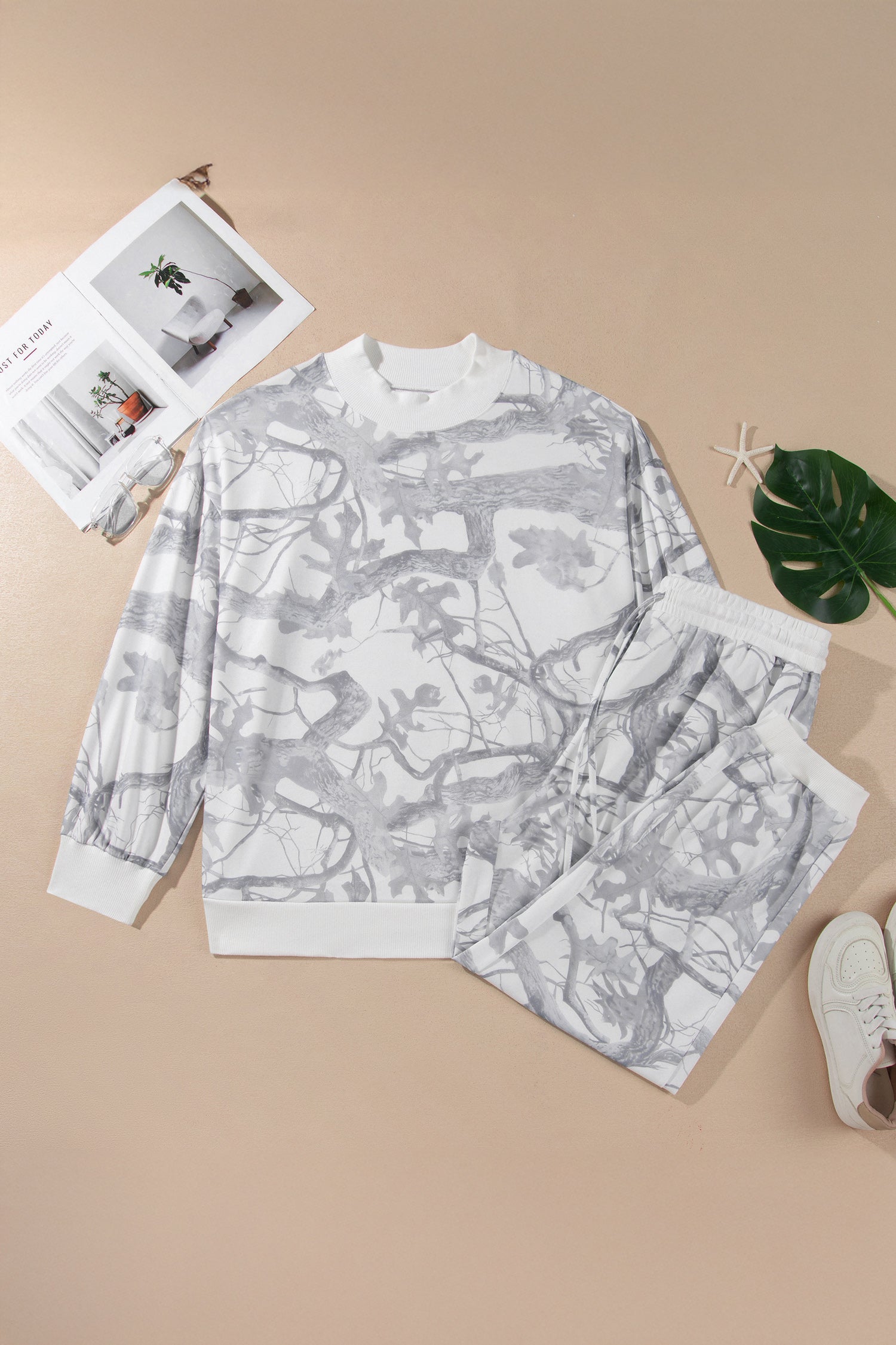 Plus Size Camo Long Sleeve Top and Pants Set