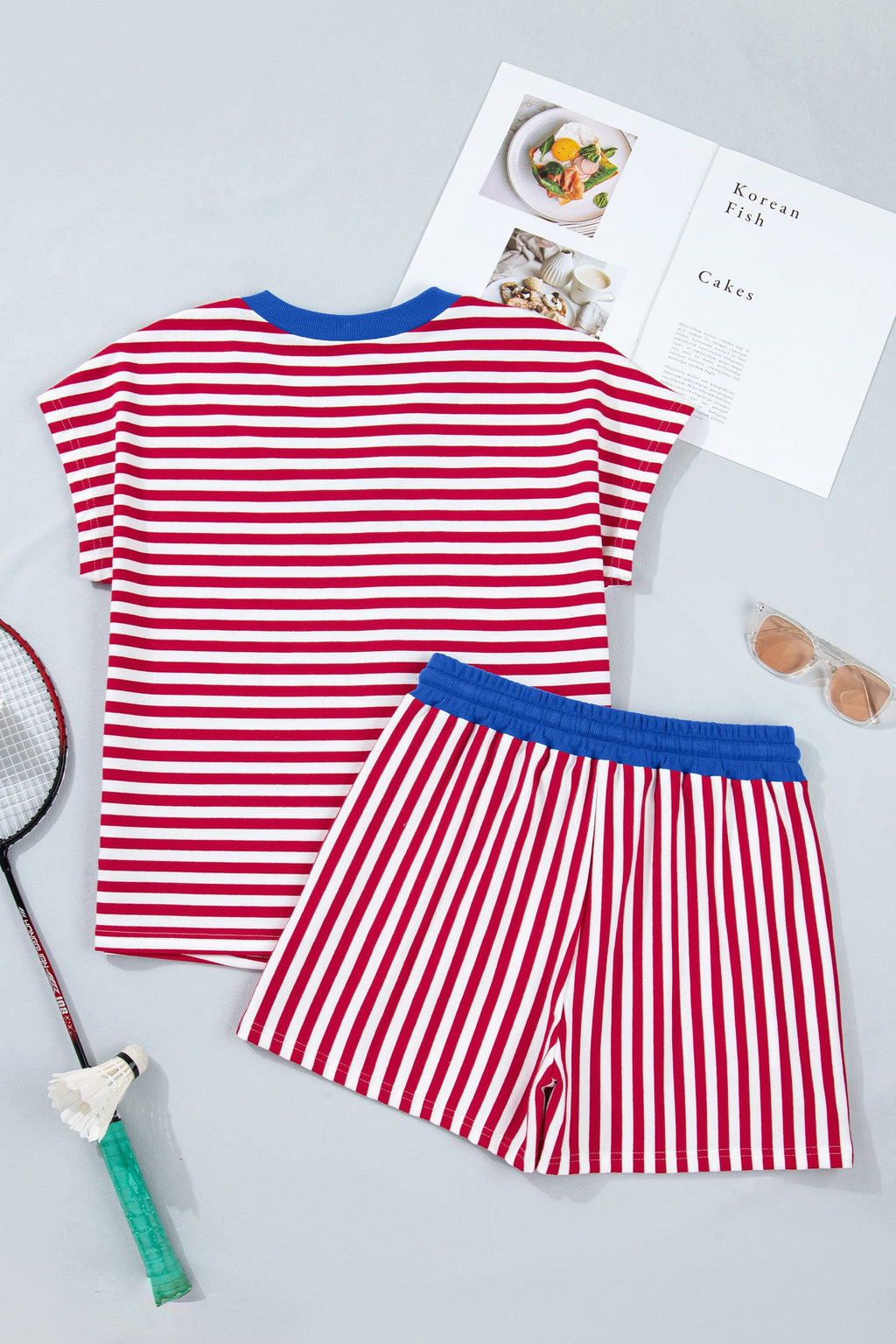 Stripe Colorblock V-Neck Tee & Drawstring Short Set
