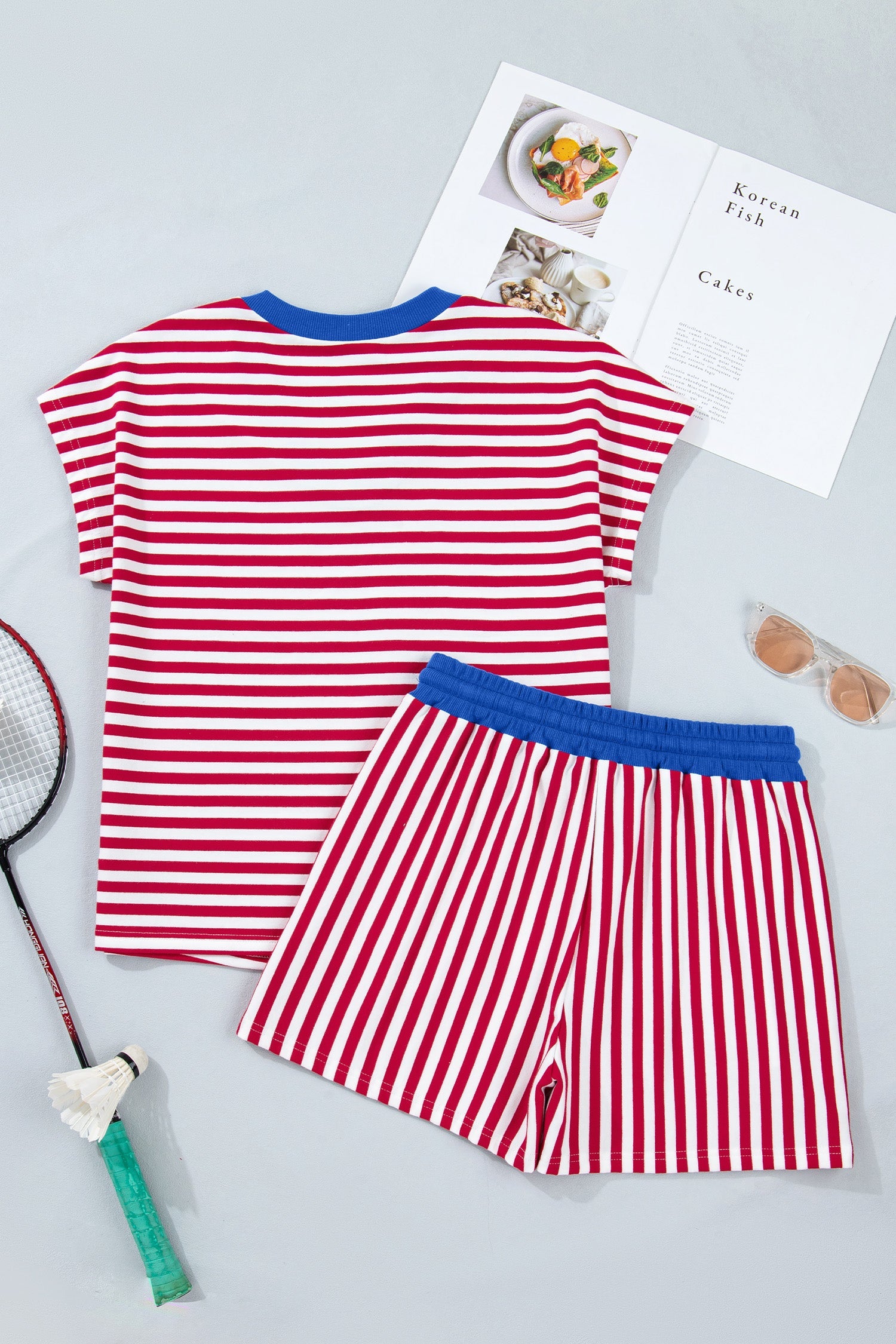Stripe Colorblock V-Neck Tee & Drawstring Short Set