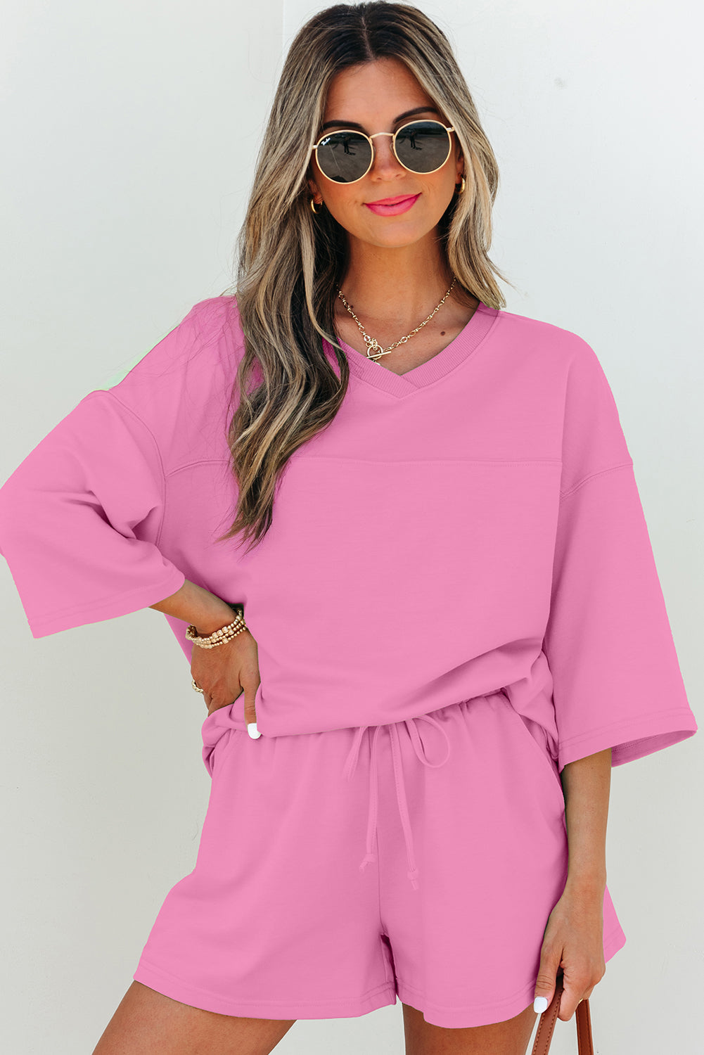 Solid Loose V-Neck Tee & Drawstring Shorts Set