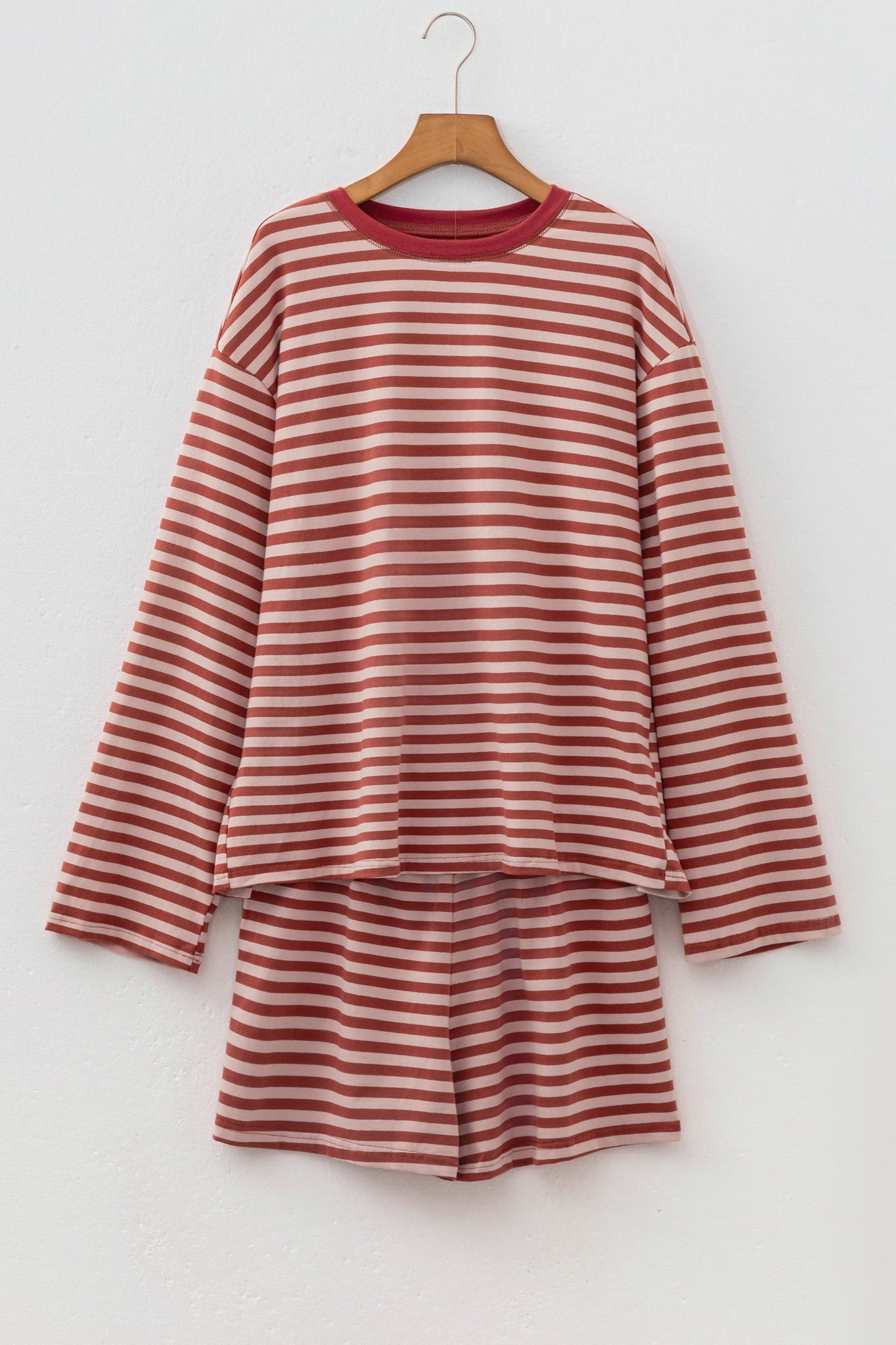 Stripe Contrast Long Sleeve Top & Elastic Waistband Short Set